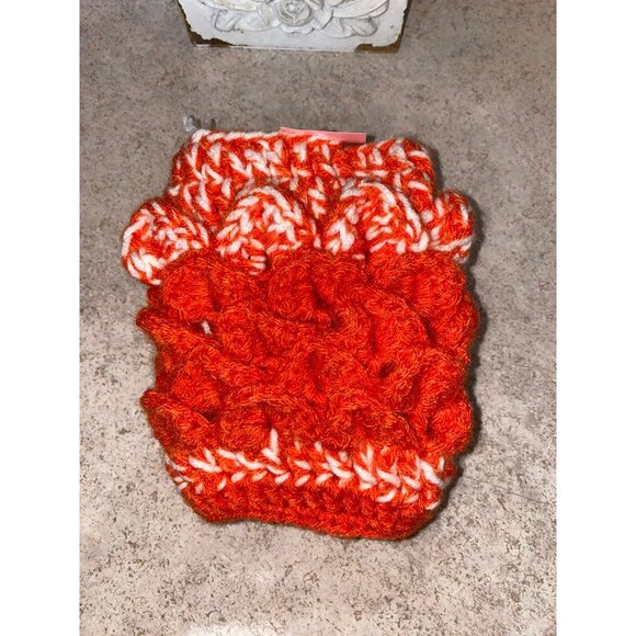 Handmade Hand Knit Orange 70’s Print Yarn Knit Hand Warmers Fingerless Gloves - Picture 5 of 5